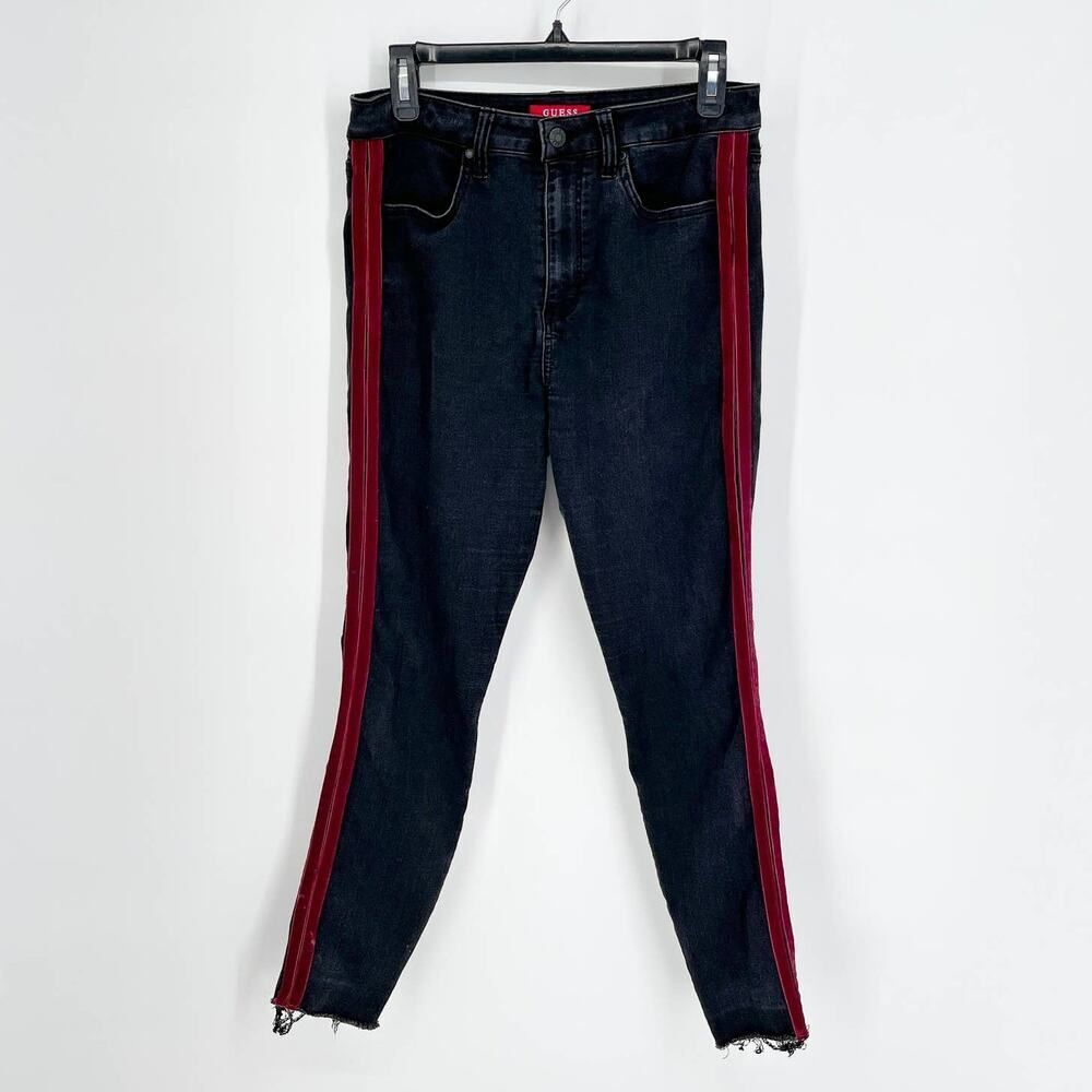 Guess Womens Sz 30 Black Jeans Burgundy Velvet Stripe High Rise Raw Hem Soft